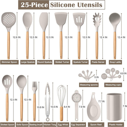 Silicone Cooking Utensils Set, 10-Piece Heat Resistant Kitchen Utensils Set with Wooden Handle for Nonstick Cookware, Kitchen Nonstick Tools Spatula Whisk Tongs Ladle, Non-toxic & Healthy(Khaki)