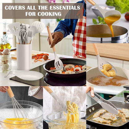 Silicone Cooking Utensils Set, 10-Piece Heat Resistant Kitchen Utensils Set with Wooden Handle for Nonstick Cookware, Kitchen Nonstick Tools Spatula Whisk Tongs Ladle, Non-toxic & Healthy(Khaki)
