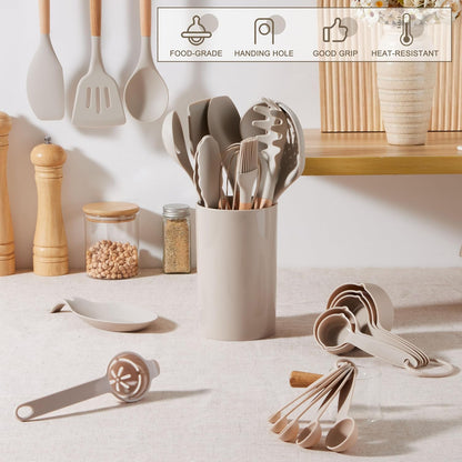 Silicone Cooking Utensils Set, 10-Piece Heat Resistant Kitchen Utensils Set with Wooden Handle for Nonstick Cookware, Kitchen Nonstick Tools Spatula Whisk Tongs Ladle, Non-toxic & Healthy(Khaki)