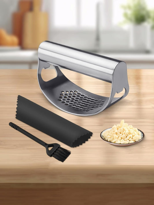 Stainless Steel Garlic Press 2026 New Heavy Duty Manual Mincer with Peeler and Cleaning Brush for Kitchen Use