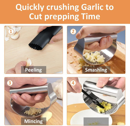 Stainless Steel Garlic Press 2026 New Heavy Duty Manual Mincer with Peeler and Cleaning Brush for Kitchen Use