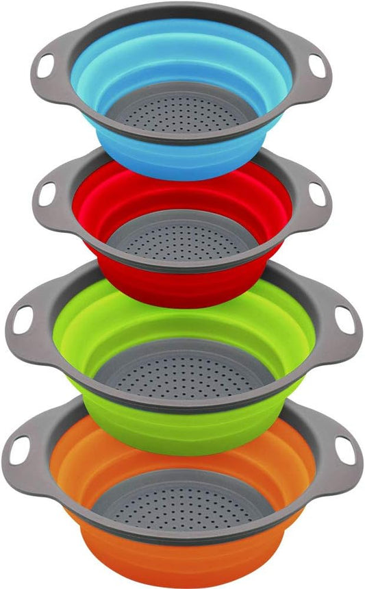 Collapsible Colander and Strainer Set of 4, 2 PC 4 Quart(1 gal) and 2 PC 2 Quart(0.5 gal), Food-grade Sturdy Plastic Base - Round Space-save Silicone Kitchen Foldable Strainer for Pasta, Veggies