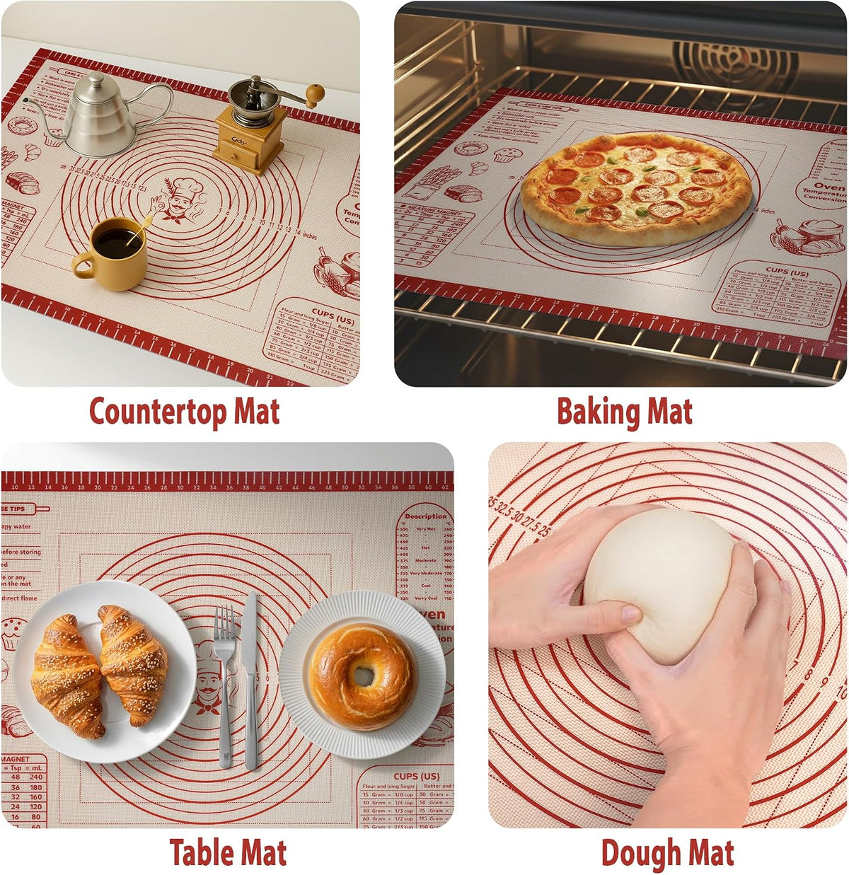 Silicone Baking Pastry Dough Mat - Non Slip Rolling Mat with Measurement Guides, Thick Reusable Kneading Board for Bread, Pizza, Cookies, Fondant, Nonstick Baking Sheet for Kitchen Counter, 20x28inch