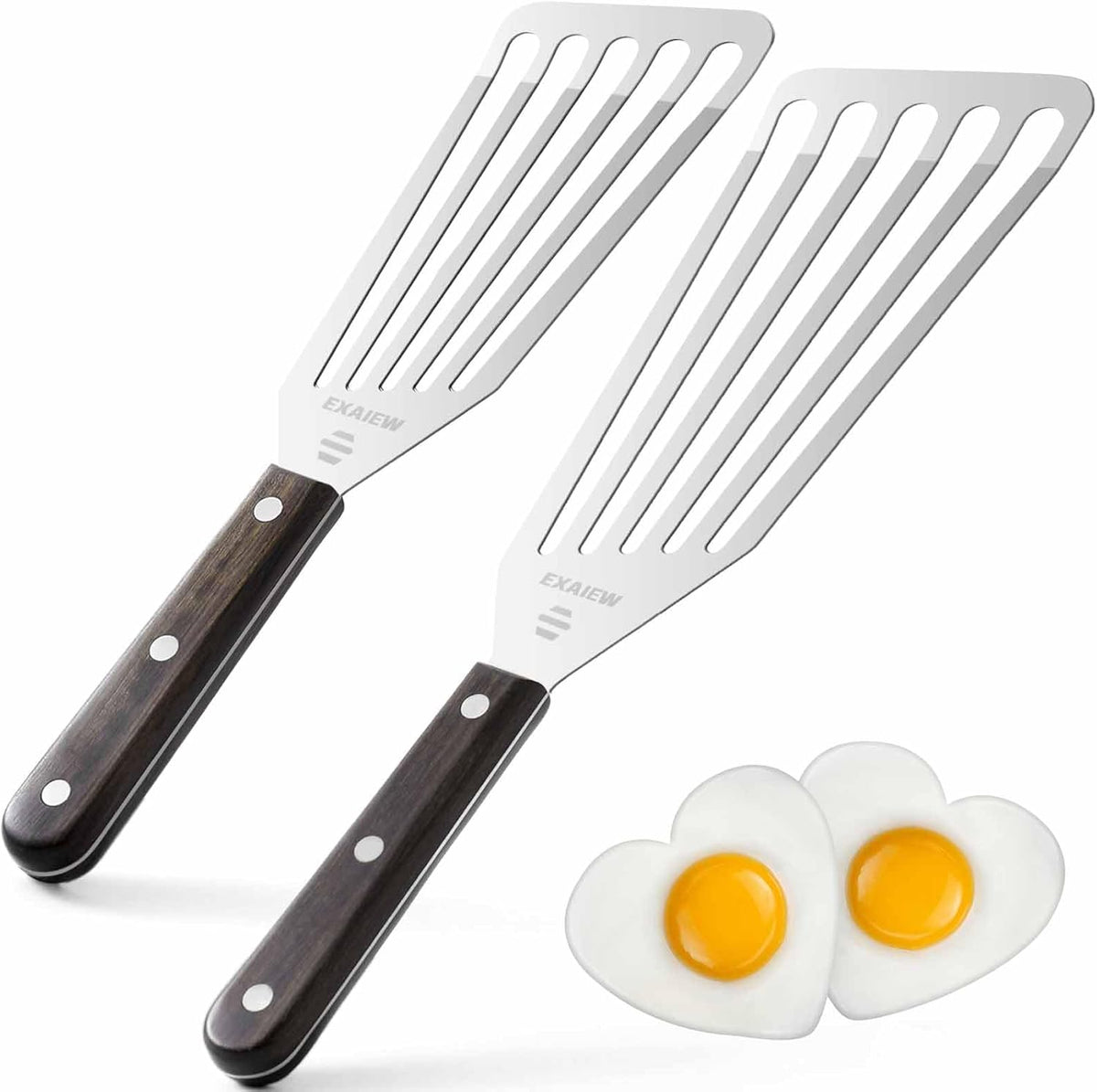 2 Pack Fish Spatula - Stainless Steel Spatula, Metal Spatula, Wooden Hdl | Kitchen Slotted Fish Turner/Spatula Set [ Large+Medium ] for Cooking & BBQ, Flipping Eggs, Burgers, Baking, Perfect Gifts