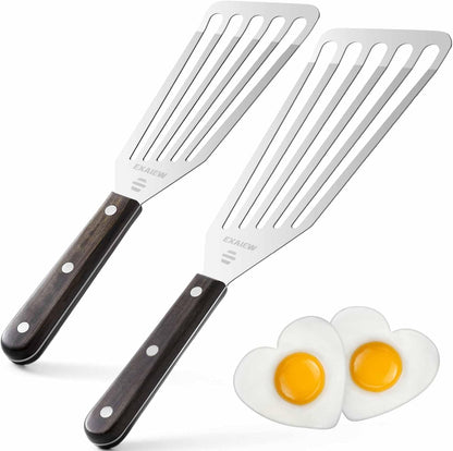 2 Pack Fish Spatula - Stainless Steel Spatula, Metal Spatula, Wooden Hdl | Kitchen Slotted Fish Turner/Spatula Set [ Large+Medium ] for Cooking & BBQ, Flipping Eggs, Burgers, Baking, Perfect Gifts