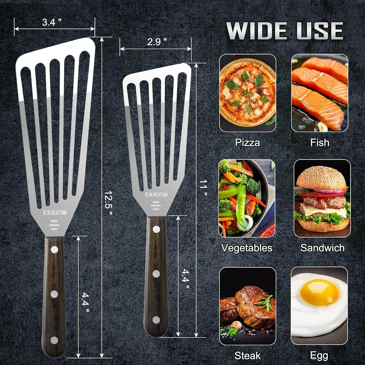 2 Pack Fish Spatula - Stainless Steel Spatula, Metal Spatula, Wooden Hdl | Kitchen Slotted Fish Turner/Spatula Set [ Large+Medium ] for Cooking & BBQ, Flipping Eggs, Burgers, Baking, Perfect Gifts