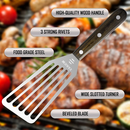 2 Pack Fish Spatula - Stainless Steel Spatula, Metal Spatula, Wooden Hdl | Kitchen Slotted Fish Turner/Spatula Set [ Large+Medium ] for Cooking & BBQ, Flipping Eggs, Burgers, Baking, Perfect Gifts