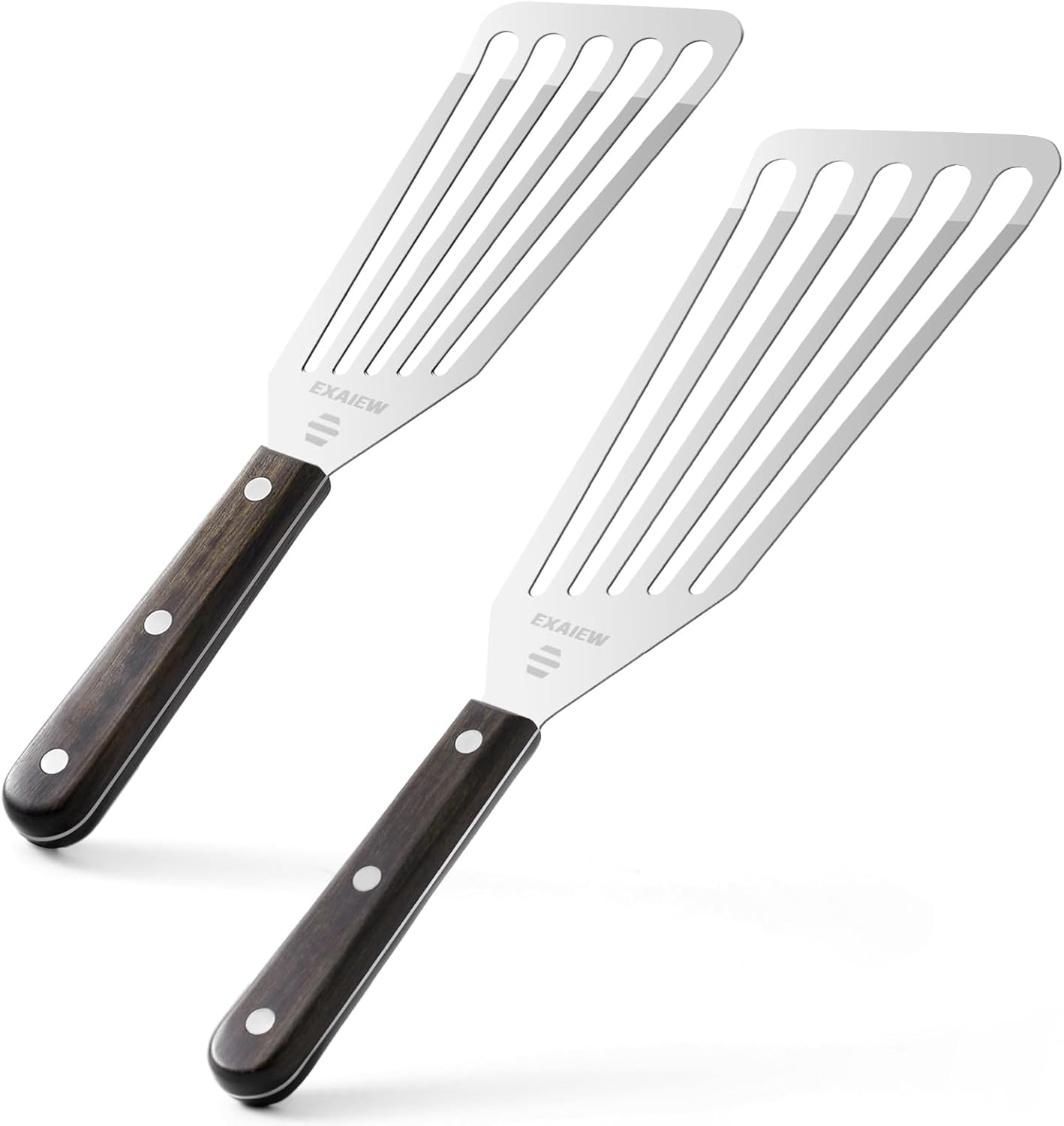 2 Pack Fish Spatula - Stainless Steel Spatula, Metal Spatula, Wooden Hdl | Kitchen Slotted Fish Turner/Spatula Set [ Large+Medium ] for Cooking & BBQ, Flipping Eggs, Burgers, Baking, Perfect Gifts