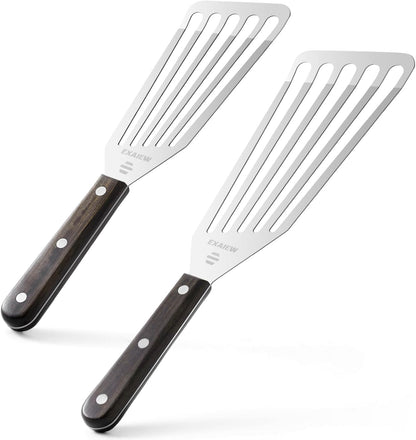 2 Pack Fish Spatula - Stainless Steel Spatula, Metal Spatula, Wooden Hdl | Kitchen Slotted Fish Turner/Spatula Set [ Large+Medium ] for Cooking & BBQ, Flipping Eggs, Burgers, Baking, Perfect Gifts