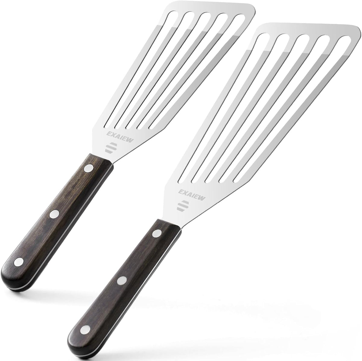 2 Pack Fish Spatula - Stainless Steel Spatula, Metal Spatula, Wooden Hdl | Kitchen Slotted Fish Turner/Spatula Set [ Large+Medium ] for Cooking & BBQ, Flipping Eggs, Burgers, Baking, Perfect Gifts