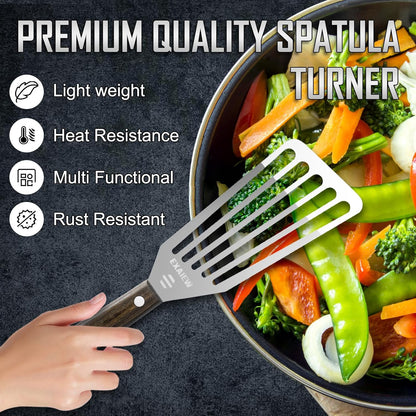 2 Pack Fish Spatula - Stainless Steel Spatula, Metal Spatula, Wooden Hdl | Kitchen Slotted Fish Turner/Spatula Set [ Large+Medium ] for Cooking & BBQ, Flipping Eggs, Burgers, Baking, Perfect Gifts