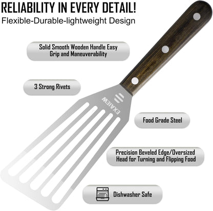2 Pack Fish Spatula - Stainless Steel Spatula, Metal Spatula, Wooden Hdl | Kitchen Slotted Fish Turner/Spatula Set [ Large+Medium ] for Cooking & BBQ, Flipping Eggs, Burgers, Baking, Perfect Gifts