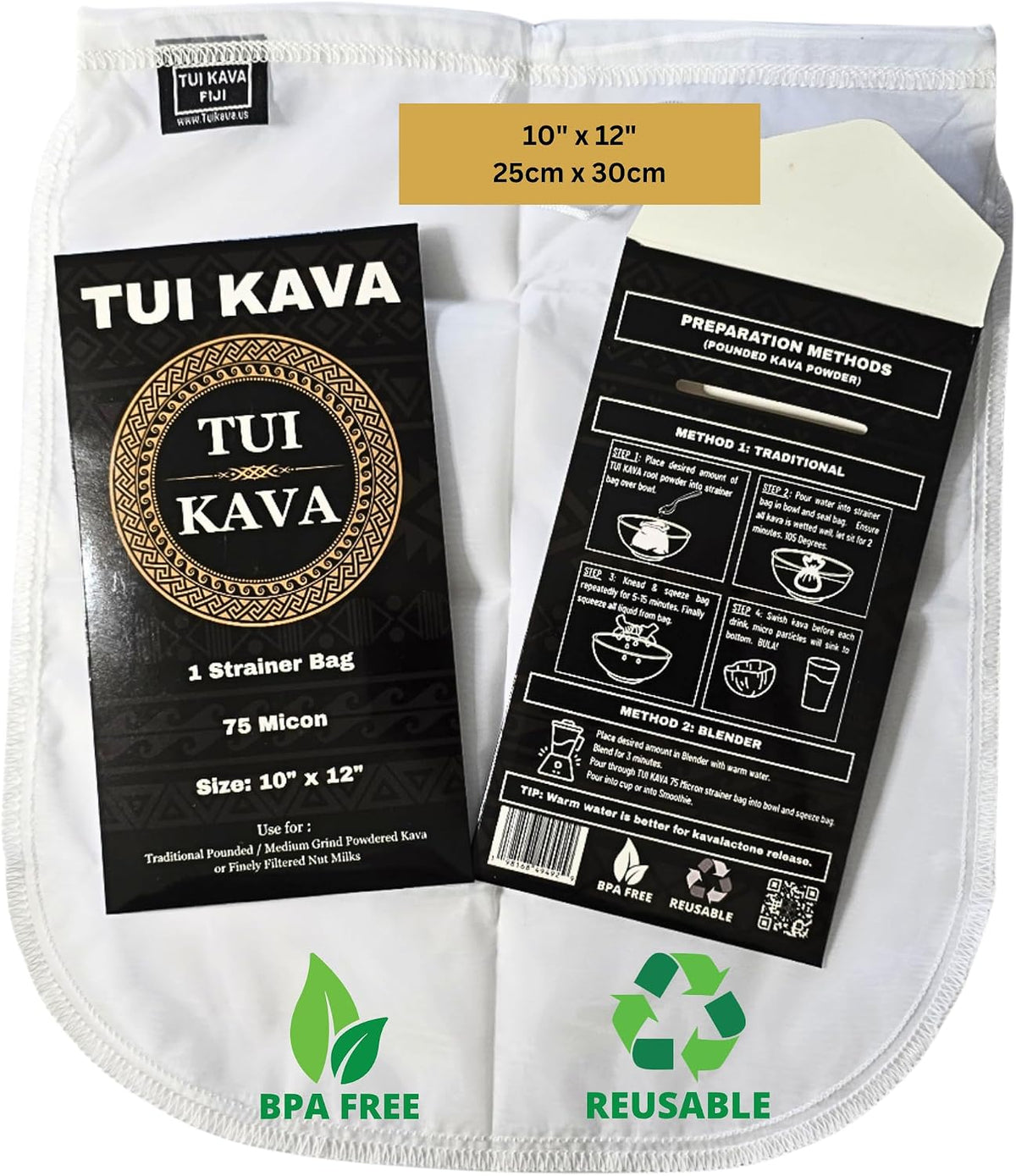 Kava fine mesh strainer filter bag | 75 Micron Nylon Commercial Food Grade Quality | BPA-Free | Nut Milks | 10 x 12 inch | Draw string | Durable | Reusable | Environment friendly packaging