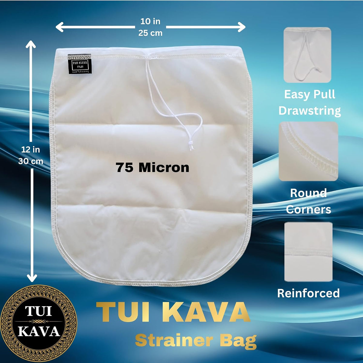Kava fine mesh strainer filter bag | 75 Micron Nylon Commercial Food Grade Quality | BPA-Free | Nut Milks | 10 x 12 inch | Draw string | Durable | Reusable | Environment friendly packaging