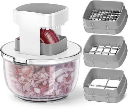 Vegetable Chopper Bowel Multi-functional 3 Interchangeable Blades Onion Chopper French Fry Cutter Veggie Dicer for Cucumber, Tomato, Zucchini, Carrot, Citrus