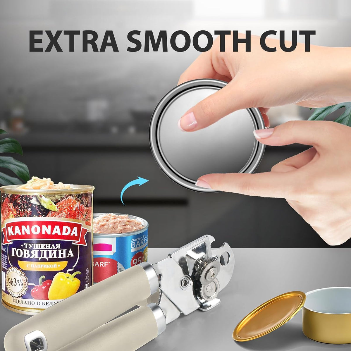 Can Opener Manual, Heavy Duty Handheld Strong Can Opener with Soft Touch Handle, Sharp Blade Smooth Edge, Can Openers with Multifunctional Bottle Opener, Beige