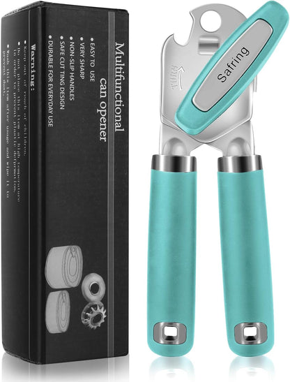 Can Opener Manual, Heavy Duty Handheld Strong Can Opener with Soft Touch Handle, Sharp Blade Smooth Edge, Can Openers with Multifunctional Bottle Opener, Beige