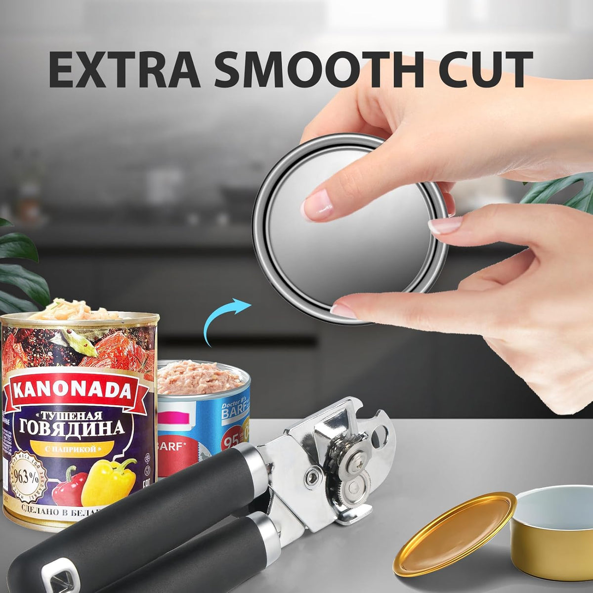 Can Opener Manual, Heavy Duty Handheld Strong Can Opener with Soft Touch Handle, Sharp Blade Smooth Edge, Can Openers with Multifunctional Bottle Opener, Beige