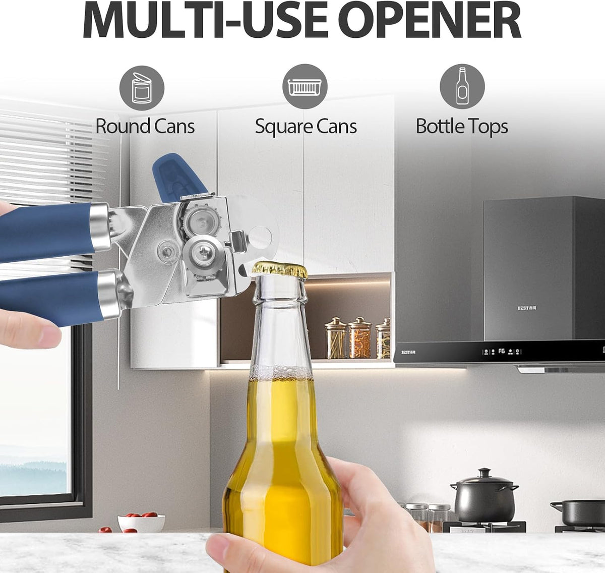 Can Opener Manual, Heavy Duty Handheld Strong Can Opener with Soft Touch Handle, Sharp Blade Smooth Edge, Can Openers with Multifunctional Bottle Opener, Beige