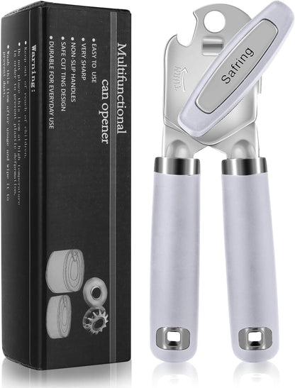 Can Opener Manual, Heavy Duty Handheld Strong Can Opener with Soft Touch Handle, Sharp Blade Smooth Edge, Can Openers with Multifunctional Bottle Opener, Beige