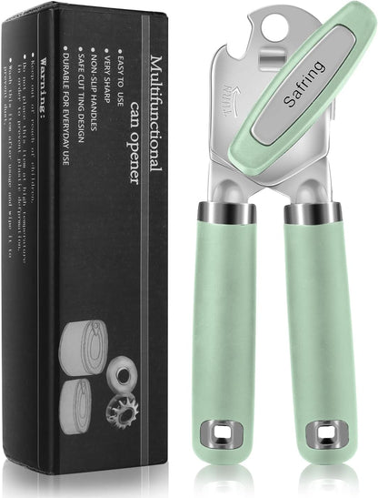 Can Opener Manual, Heavy Duty Handheld Strong Can Opener with Soft Touch Handle, Sharp Blade Smooth Edge, Can Openers with Multifunctional Bottle Opener, Beige