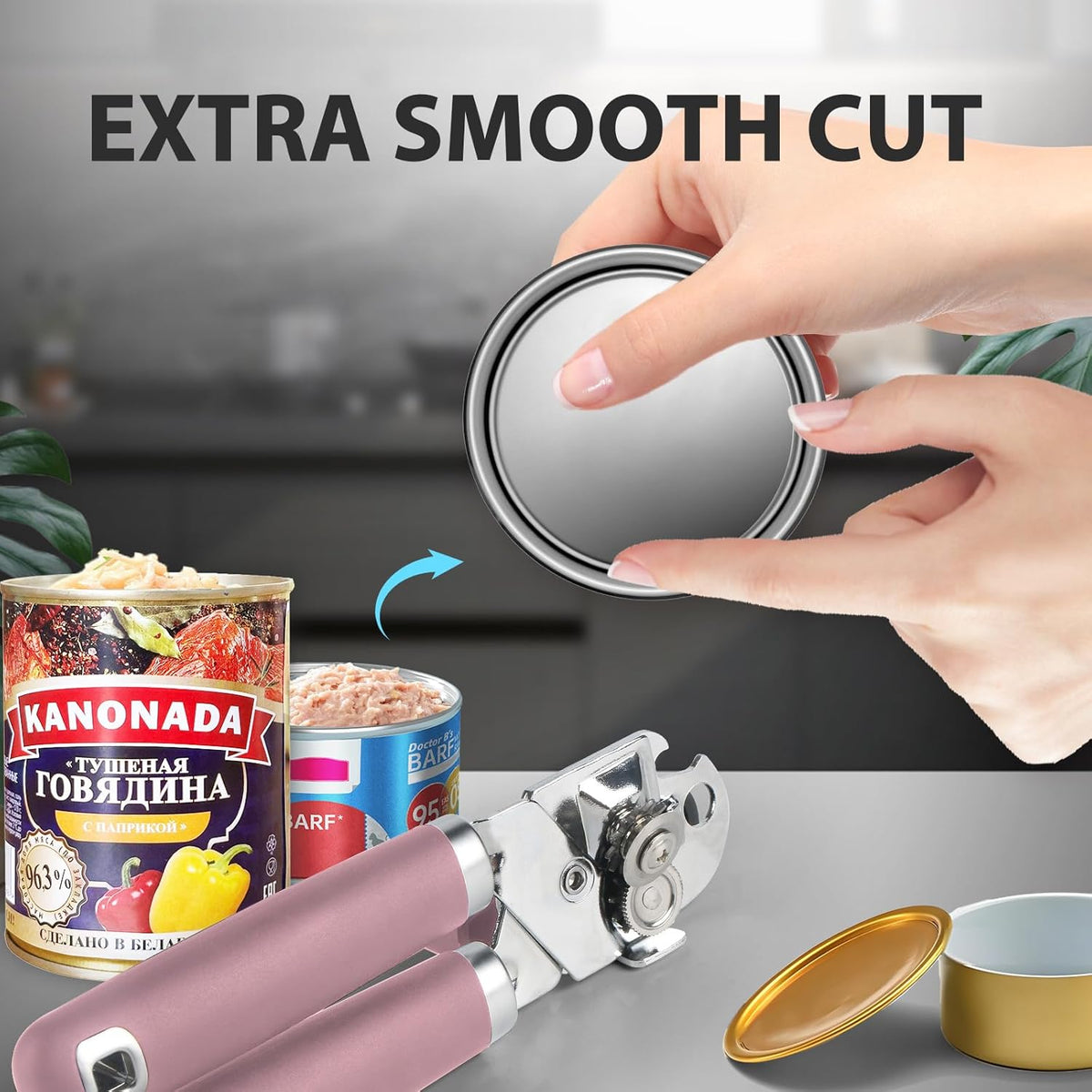 Can Opener Manual, Heavy Duty Handheld Strong Can Opener with Soft Touch Handle, Sharp Blade Smooth Edge, Can Openers with Multifunctional Bottle Opener, Beige