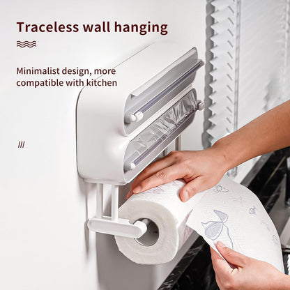 3 in 1 Aluminum Foil and Plastic Wrap Organize Dispenser with Cutter, Magnetic Paper Towel Holder for Fridge, Includes 1 Roll of Cling Film