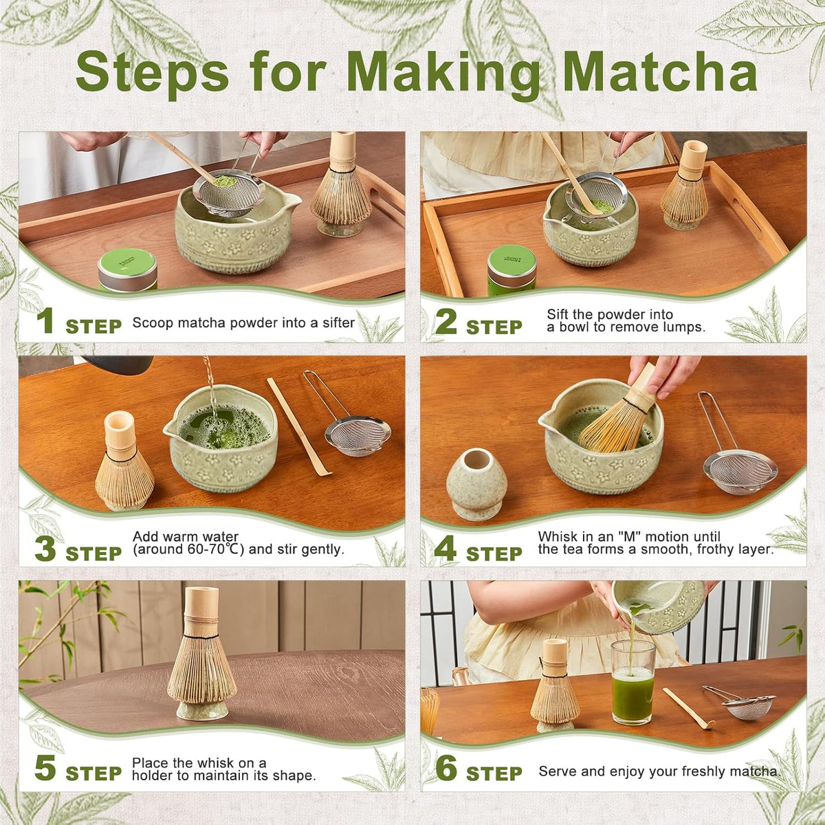 5Pcs Matcha Whisk Set, 18OZ Bowl With Spout, Japanese Ceremony Matcha Whisks Kit, 100% Natural Bamboo Whisk, Ceramic Whisk Holder (Green), Stainless Sifter, Tea Scoop, Gift for Matcha Lovers Beginner