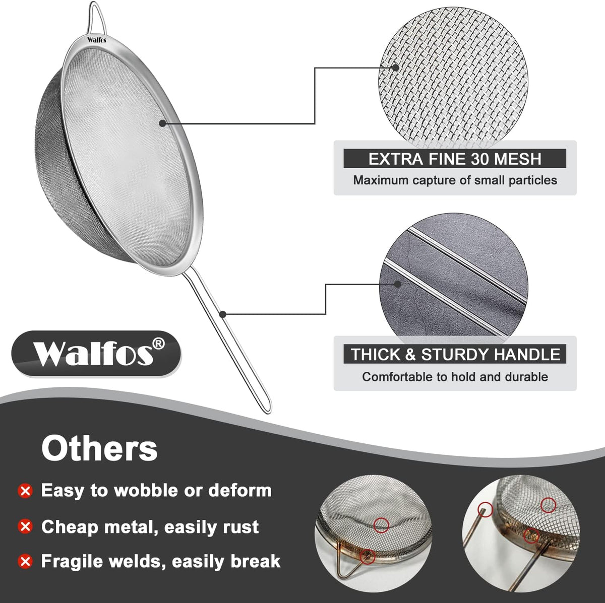 Fine Mesh Strainer Set of 3, Stainless Steel Wire Strainers for Kitchen, Multipurpose Metal Fine Sieve with Handle, Perfect for Food, Rice, Quinoa, 2.7", 4.6", 7"