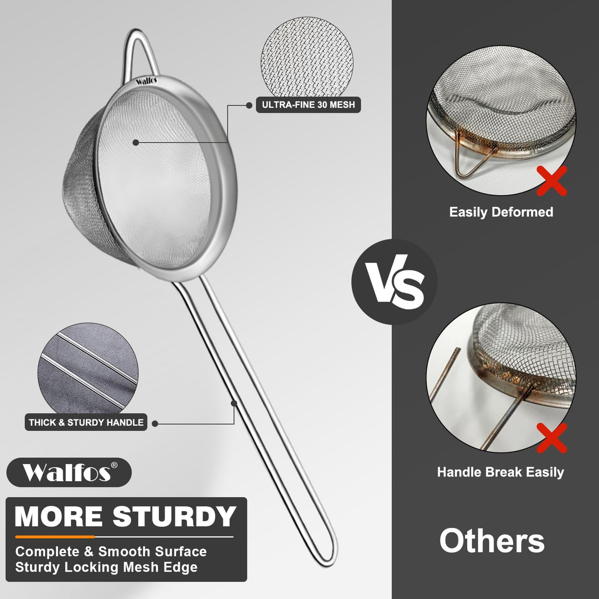 Fine Mesh Strainer Set of 3, Stainless Steel Wire Strainers for Kitchen, Multipurpose Metal Fine Sieve with Handle, Perfect for Food, Rice, Quinoa, 2.7", 4.6", 7"