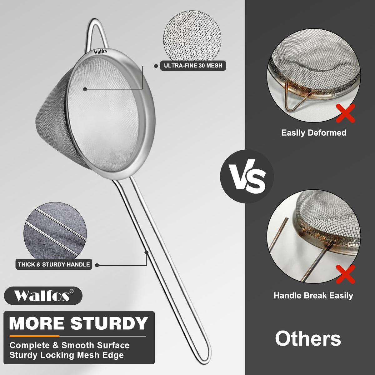 Fine Mesh Strainer Set of 3, Stainless Steel Wire Strainers for Kitchen, Multipurpose Metal Fine Sieve with Handle, Perfect for Food, Rice, Quinoa, 2.7", 4.6", 7"