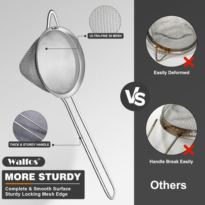 Fine Mesh Strainer Set of 3, Stainless Steel Wire Strainers for Kitchen, Multipurpose Metal Fine Sieve with Handle, Perfect for Food, Rice, Quinoa, 2.7", 4.6", 7"