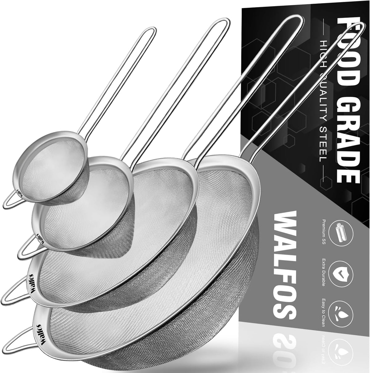 Fine Mesh Strainer Set of 3, Stainless Steel Wire Strainers for Kitchen, Multipurpose Metal Fine Sieve with Handle, Perfect for Food, Rice, Quinoa, 2.7", 4.6", 7"