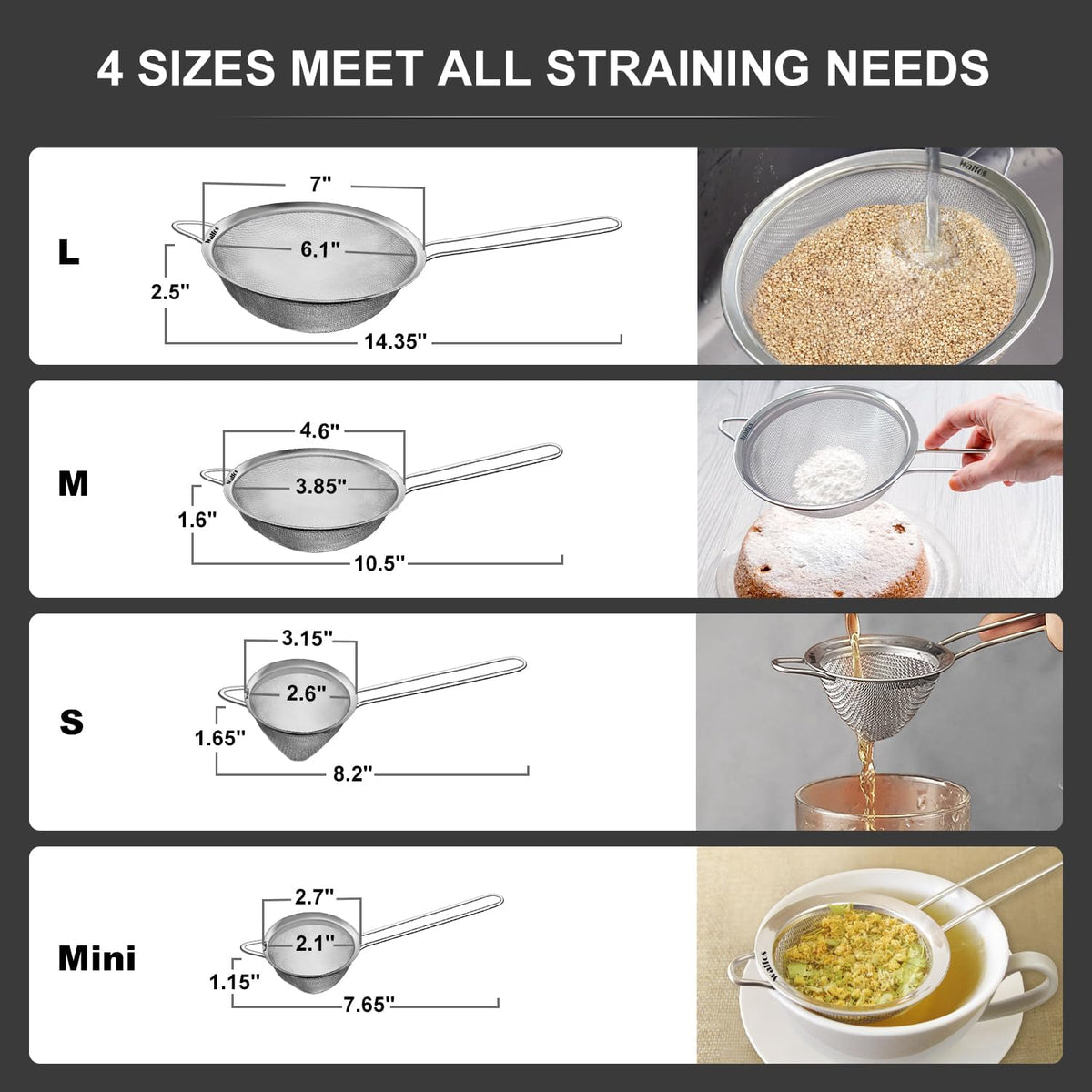 Fine Mesh Strainer Set of 3, Stainless Steel Wire Strainers for Kitchen, Multipurpose Metal Fine Sieve with Handle, Perfect for Food, Rice, Quinoa, 2.7", 4.6", 7"