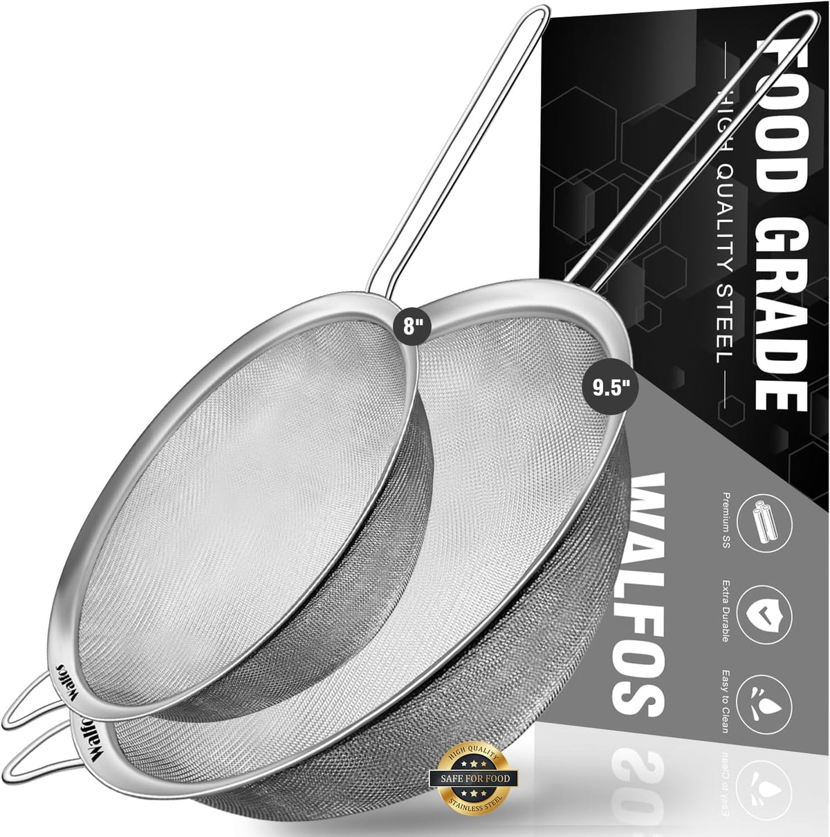 Fine Mesh Strainer Set of 3, Stainless Steel Wire Strainers for Kitchen, Multipurpose Metal Fine Sieve with Handle, Perfect for Food, Rice, Quinoa, 2.7", 4.6", 7"