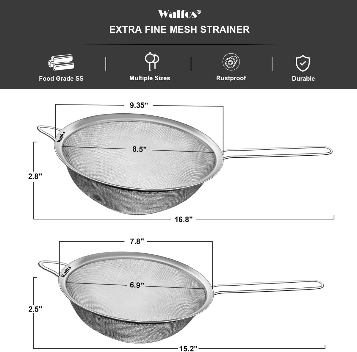 Fine Mesh Strainer Set of 3, Stainless Steel Wire Strainers for Kitchen, Multipurpose Metal Fine Sieve with Handle, Perfect for Food, Rice, Quinoa, 2.7", 4.6", 7"