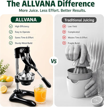Professional Cast Iron Manual Citrus Juicer - Heavy Duty Hand Press for Orange, Lemon, Lime, Pomegranate - High Yield Juice Presser, Stable Countertop Design, Easy to Clean (BLACK)