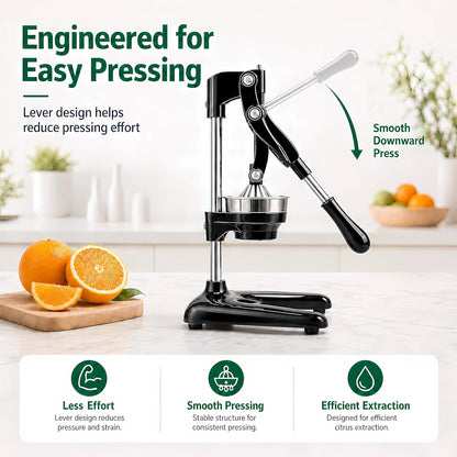 Professional Cast Iron Manual Citrus Juicer - Heavy Duty Hand Press for Orange, Lemon, Lime, Pomegranate - High Yield Juice Presser, Stable Countertop Design, Easy to Clean (BLACK)