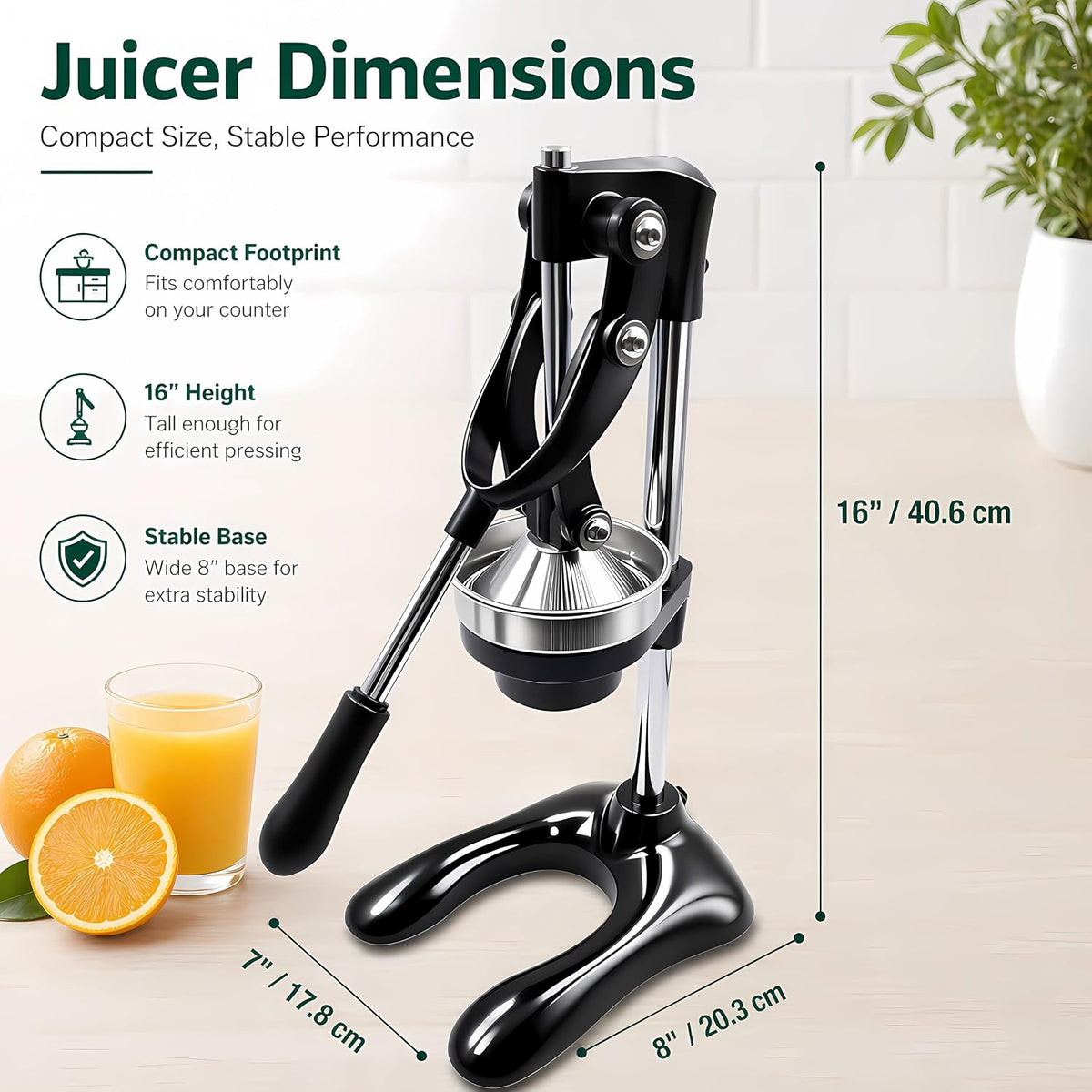Professional Cast Iron Manual Citrus Juicer - Heavy Duty Hand Press for Orange, Lemon, Lime, Pomegranate - High Yield Juice Presser, Stable Countertop Design, Easy to Clean (BLACK)