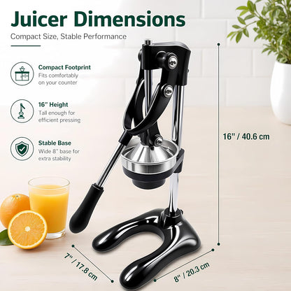 Professional Cast Iron Manual Citrus Juicer - Heavy Duty Hand Press for Orange, Lemon, Lime, Pomegranate - High Yield Juice Presser, Stable Countertop Design, Easy to Clean (BLACK)