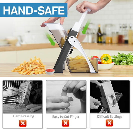 5 in 1 Safe Vegetable Mandoline Slicer for Kitchen, Adjustable Thickness | Safe Mandoline Slicer for Kitchen, Easy to Clean/Storage, Potato Slicing, Strips, Shredding, Dicing, Chop, Cleaning brush