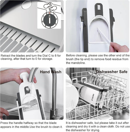 5 in 1 Safe Vegetable Mandoline Slicer for Kitchen, Adjustable Thickness | Safe Mandoline Slicer for Kitchen, Easy to Clean/Storage, Potato Slicing, Strips, Shredding, Dicing, Chop, Cleaning brush
