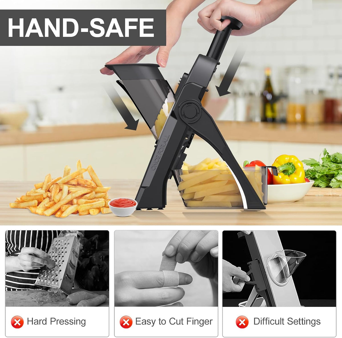 5 in 1 Safe Vegetable Mandoline Slicer for Kitchen, Adjustable Thickness | Safe Mandoline Slicer for Kitchen, Easy to Clean/Storage, Potato Slicing, Strips, Shredding, Dicing, Chop, Cleaning brush