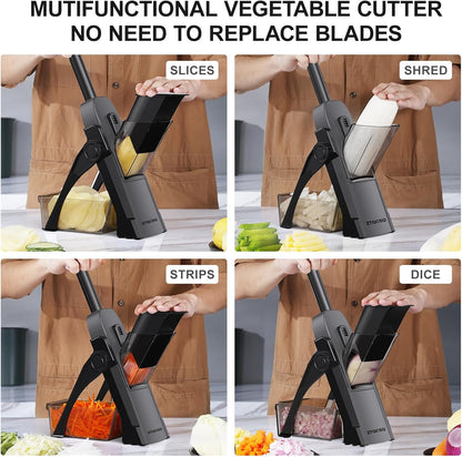 5 in 1 Safe Vegetable Mandoline Slicer for Kitchen, Adjustable Thickness | Safe Mandoline Slicer for Kitchen, Easy to Clean/Storage, Potato Slicing, Strips, Shredding, Dicing, Chop, Cleaning brush