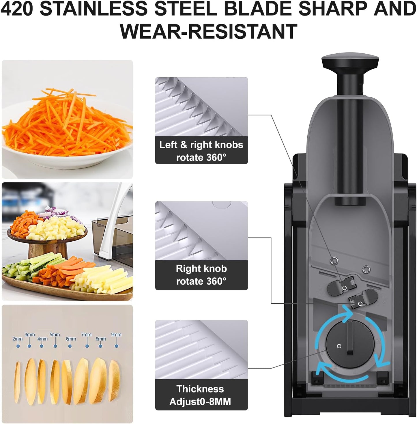 5 in 1 Safe Vegetable Mandoline Slicer for Kitchen, Adjustable Thickness | Safe Mandoline Slicer for Kitchen, Easy to Clean/Storage, Potato Slicing, Strips, Shredding, Dicing, Chop, Cleaning brush