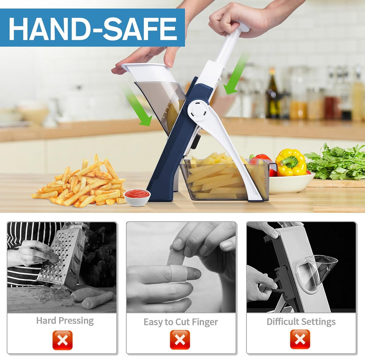 5 in 1 Safe Vegetable Mandoline Slicer for Kitchen, Adjustable Thickness | Safe Mandoline Slicer for Kitchen, Easy to Clean/Storage, Potato Slicing, Strips, Shredding, Dicing, Chop, Cleaning brush