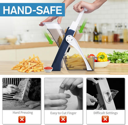 5 in 1 Safe Vegetable Mandoline Slicer for Kitchen, Adjustable Thickness | Safe Mandoline Slicer for Kitchen, Easy to Clean/Storage, Potato Slicing, Strips, Shredding, Dicing, Chop, Cleaning brush