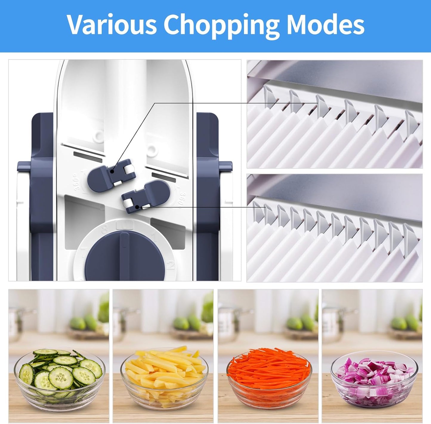5 in 1 Safe Vegetable Mandoline Slicer for Kitchen, Adjustable Thickness | Safe Mandoline Slicer for Kitchen, Easy to Clean/Storage, Potato Slicing, Strips, Shredding, Dicing, Chop, Cleaning brush