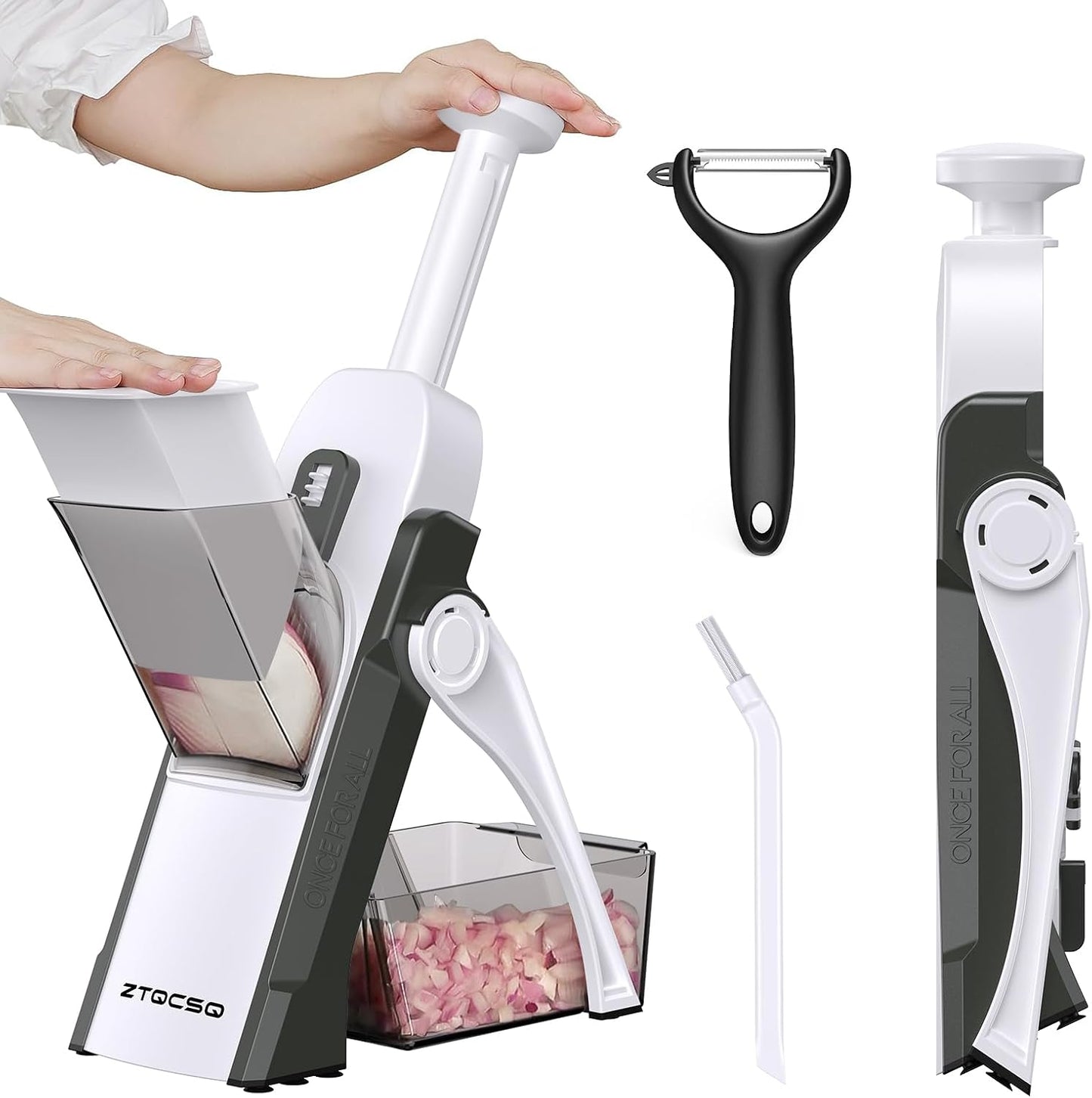 5 in 1 Safe Vegetable Mandoline Slicer for Kitchen, Adjustable Thickness | Safe Mandoline Slicer for Kitchen, Easy to Clean/Storage, Potato Slicing, Strips, Shredding, Dicing, Chop, Cleaning brush