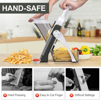 5 in 1 Safe Vegetable Mandoline Slicer for Kitchen, Adjustable Thickness | Safe Mandoline Slicer for Kitchen, Easy to Clean/Storage, Potato Slicing, Strips, Shredding, Dicing, Chop, Cleaning brush